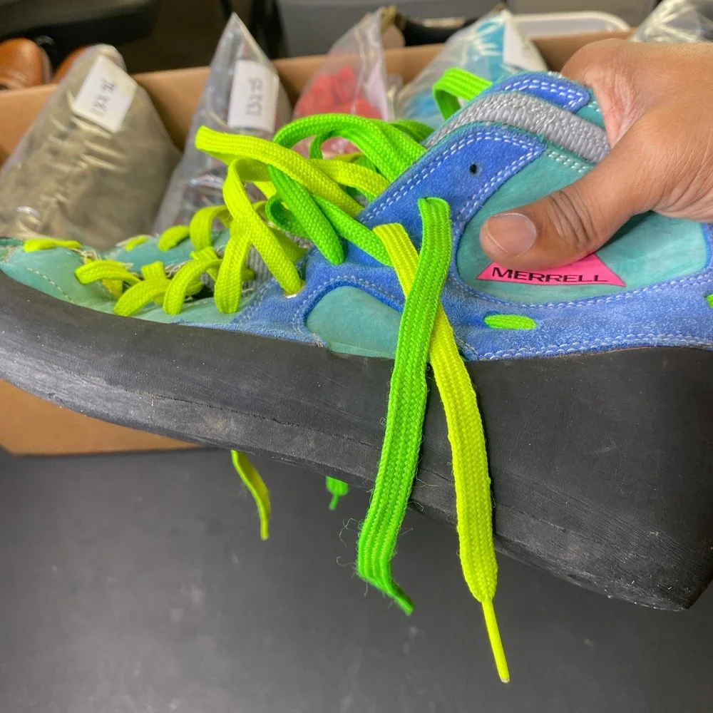 Vintage Merrell Rock Climbing Shoes Teal Blue Neon Green Pink Logo Mens 10 90s